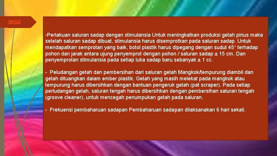 lanjut -Perlakuan saluran sadap dengan stimulansia Untuk meningkatkan produksi getah pinus maka setelah saluran