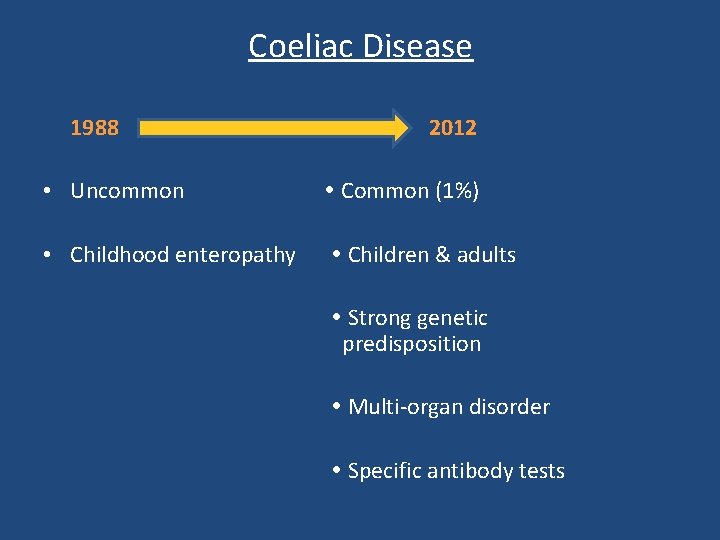 Coeliac Disease 1988 • Uncommon 2012 Common (1%) • Childhood enteropathy Children & adults Coeliac Disease 1988 • Uncommon 2012 Common (1%) • Childhood enteropathy Children & adults