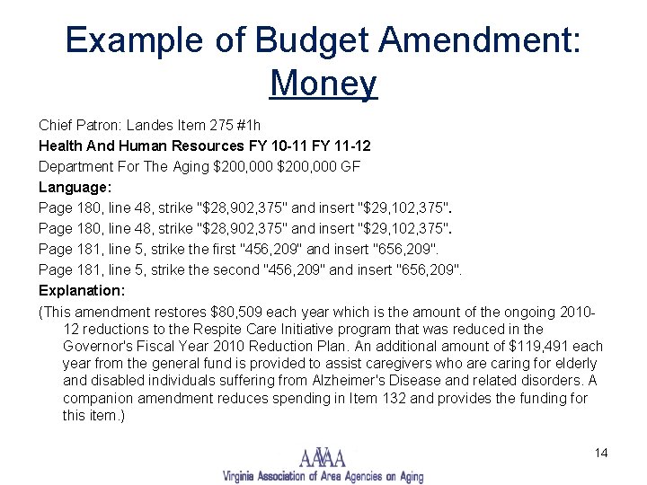 Example of Budget Amendment: Money Chief Patron: Landes Item 275 #1 h Health And
