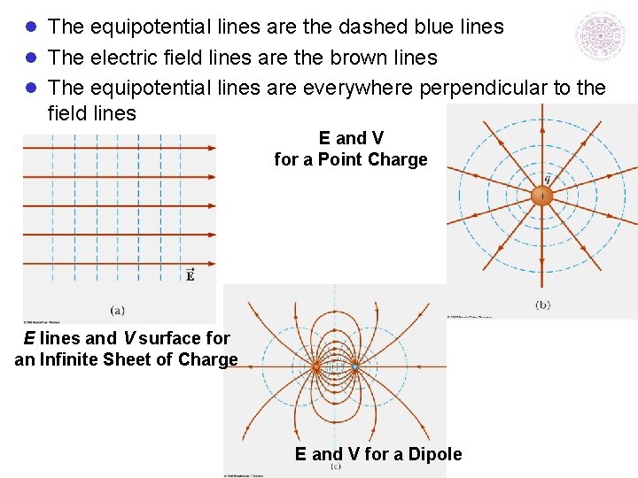 l The equipotential lines are the dashed blue lines l The electric field lines