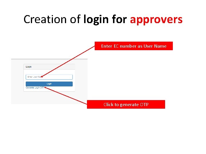 Creation of login for approvers Enter EC number as User Name Click to generate