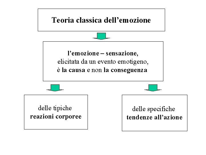 Teoria classica dell’emozione – sensazione, elicitata da un evento emotigeno, è la causa e