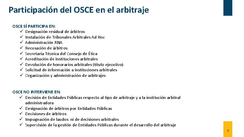 Participación del OSCE en el arbitraje OSCE SÍ PARTICIPA EN: ü Designación residual de