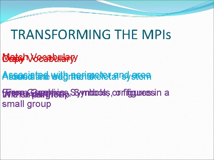 TRANSFORMING THE MPIs Match Vocabulary Copy Vocabulary Draw Associated perimeter and area Around line