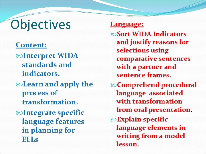 Objectives Content: Interpret WIDA standards and indicators. Learn and apply the process of transformation.