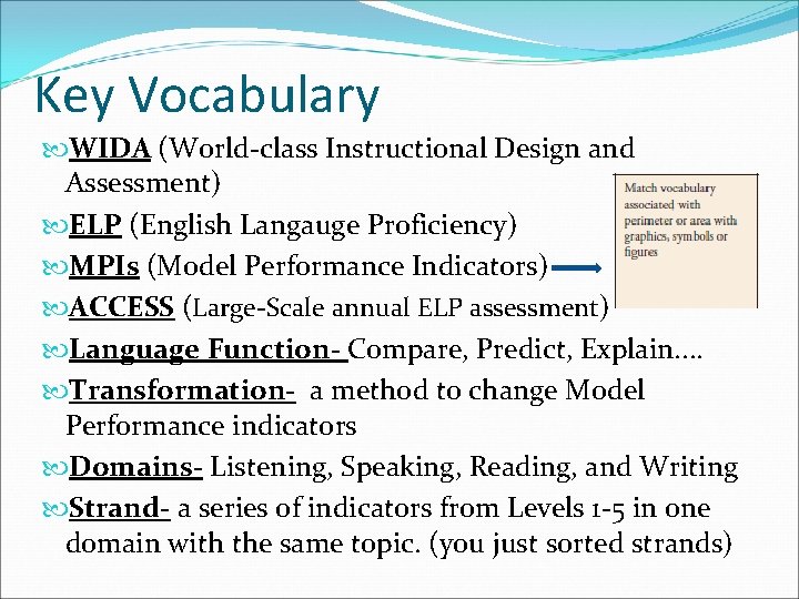 Key Vocabulary WIDA (World-class Instructional Design and Assessment) ELP (English Langauge Proficiency) MPIs (Model