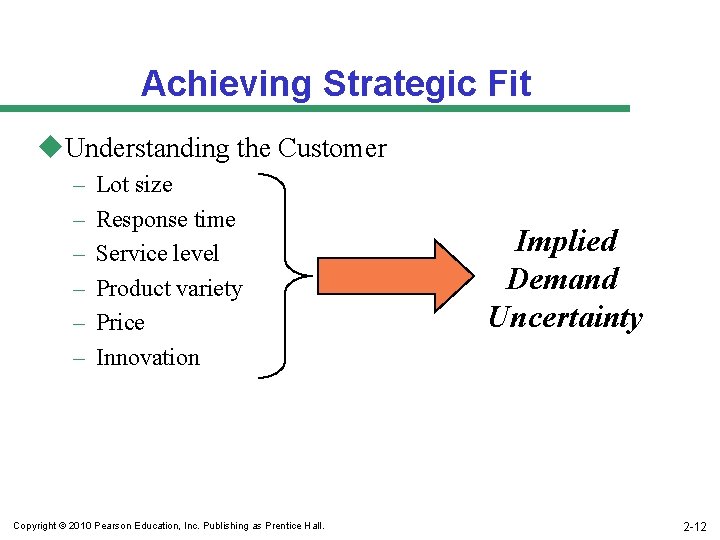 Achieving Strategic Fit u. Understanding the Customer – – – Lot size Response time