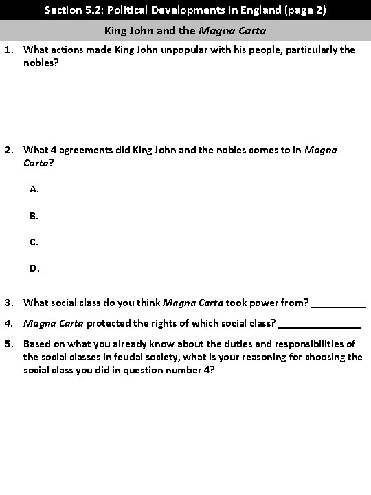 Section 5. 2: Political Developments in England (page 2) King John and the Magna