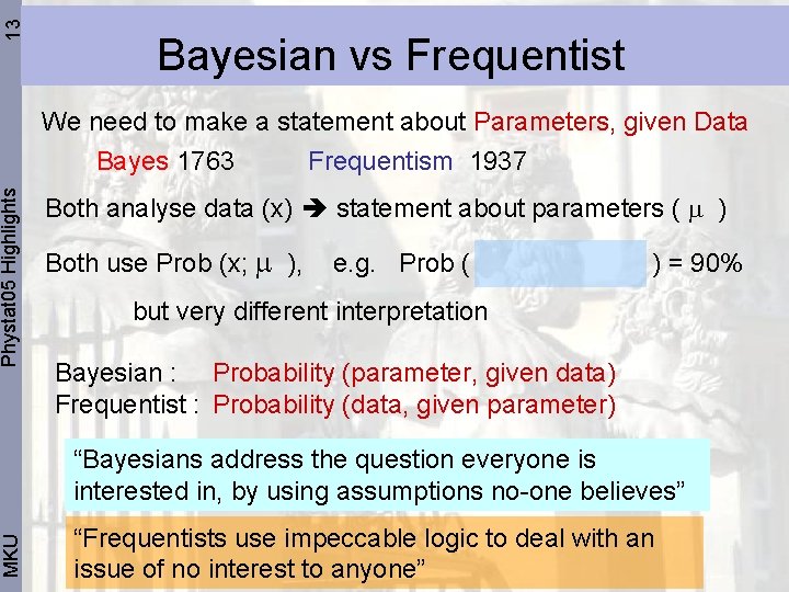 13 Phystat 05 Highlights MKU Bayesian vs Frequentist We need to make a statement