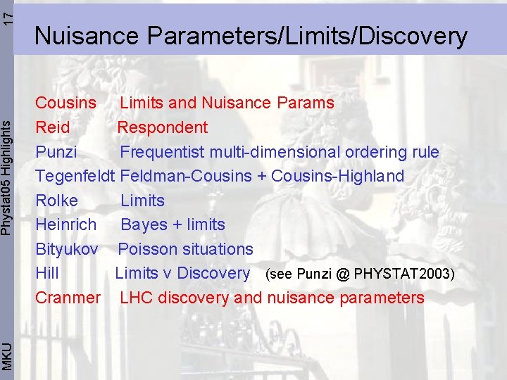 17 Phystat 05 Highlights MKU Nuisance Parameters/Limits/Discovery Cousins Limits and Nuisance Params Reid Respondent