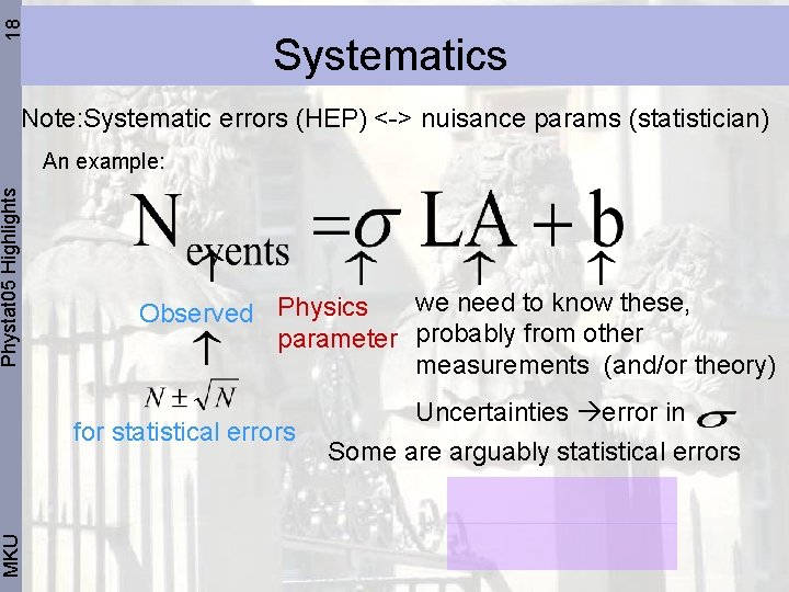 18 Systematics MKU Phystat 05 Highlights Note: Systematic errors (HEP) <-> nuisance params (statistician)