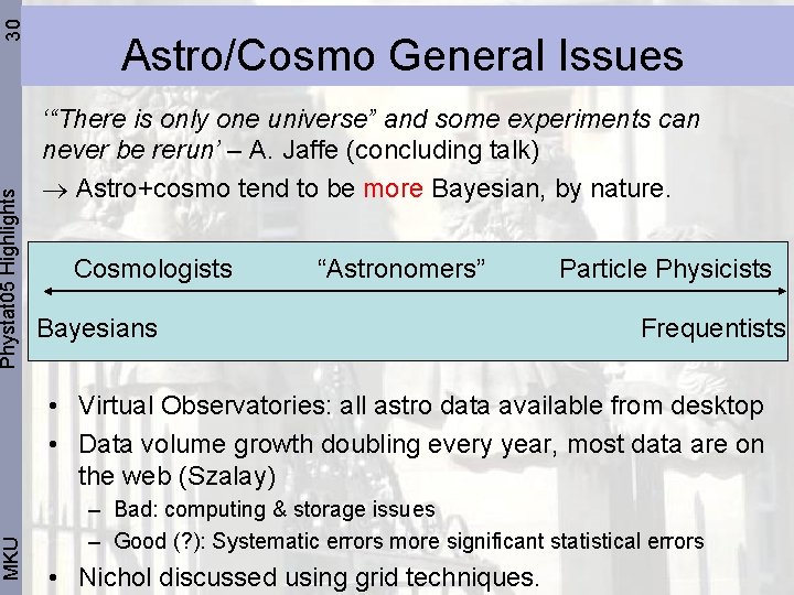 30 Phystat 05 Highlights MKU Astro/Cosmo General Issues ‘“There is only one universe” and