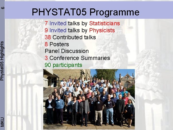 6 Phystat 05 Highlights MKU PHYSTAT 05 Programme 7 Invited talks by Statisticians 9