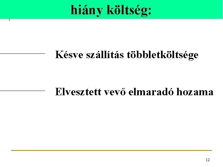 hiány költség: Késve szállítás többletköltsége Elvesztett vevő elmaradó hozama 12 