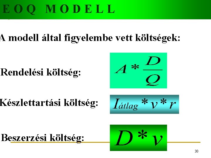 EOQ MODELL A modell által figyelembe vett költségek: Rendelési költség: Készlettartási költség: Beszerzési költség: