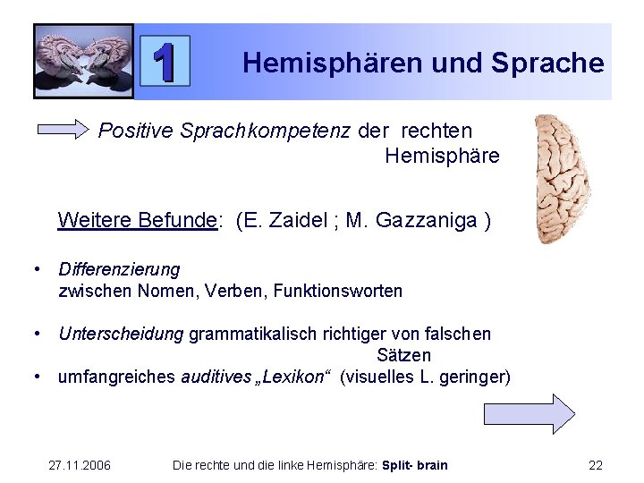 Hemisphären und Sprache Positive Sprachkompetenz der rechten Hemisphäre Weitere Befunde: (E. Zaidel ; M.