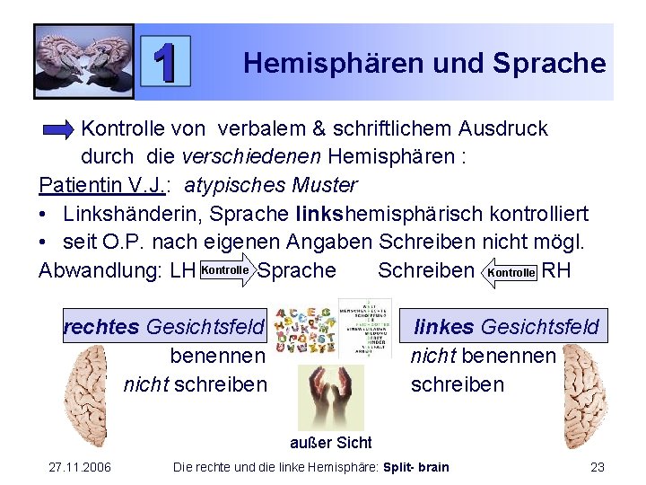 Hemisphären und Sprache Kontrolle von verbalem & schriftlichem Ausdruck durch die verschiedenen Hemisphären :