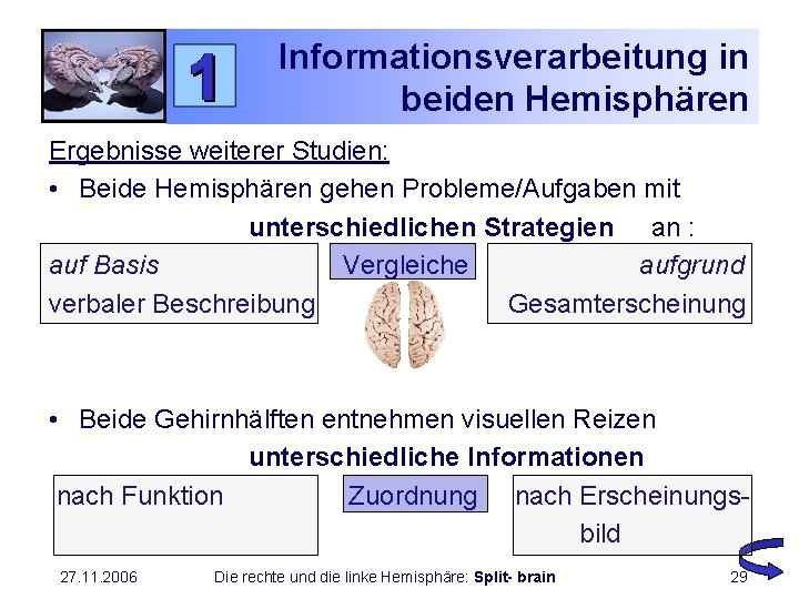 Informationsverarbeitung in beiden Hemisphären Ergebnisse weiterer Studien: • Beide Hemisphären gehen Probleme/Aufgaben mit unterschiedlichen