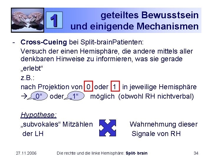 geteiltes Bewusstsein und einigende Mechanismen - Cross-Cueing bei Split-brain. Patienten: Versuch der einen Hemisphäre,