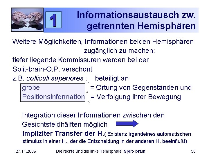 Informationsaustausch zw. getrennten Hemisphären Weitere Möglichkeiten, Informationen beiden Hemisphären zugänglich zu machen: tiefer liegende