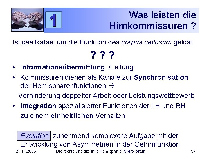 Was leisten die Hirnkommissuren ? Ist das Rätsel um die Funktion des corpus callosum