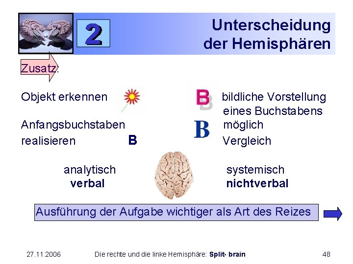 Unterscheidung der Hemisphären Zusatz: Objekt erkennen Anfangsbuchstaben realisieren B analytisch verbal bildliche Vorstellung eines