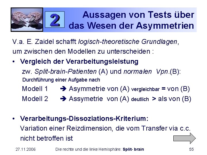 Aussagen von Tests über das Wesen der Asymmetrien V. a. E. Zaidel schafft logisch-theoretische