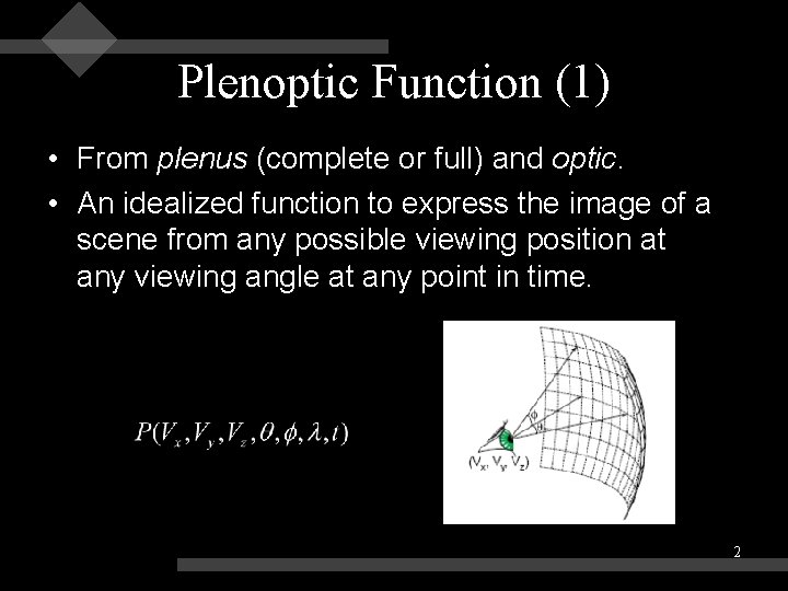 Plenoptic Function (1) • From plenus (complete or full) and optic. • An idealized Plenoptic Function (1) • From plenus (complete or full) and optic. • An idealized