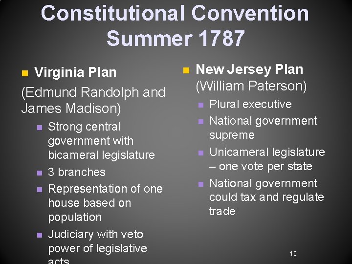 Constitutional Convention Summer 1787 Virginia Plan (Edmund Randolph and James Madison) n n n Constitutional Convention Summer 1787 Virginia Plan (Edmund Randolph and James Madison) n n n