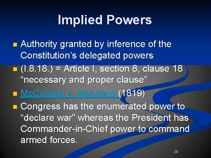 Implied Powers Authority granted by inference of the Constitution’s delegated powers n (I. 8. Implied Powers Authority granted by inference of the Constitution’s delegated powers n (I. 8.