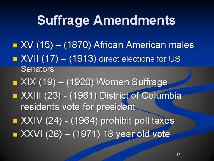 Suffrage Amendments XV (15) – (1870) African American males n XVII (17) – (1913) Suffrage Amendments XV (15) – (1870) African American males n XVII (17) – (1913)