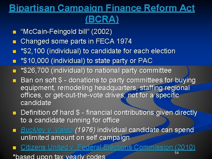 Bipartisan Campaign Finance Reform Act (BCRA) n n n n n “Mc. Cain-Feingold bill” Bipartisan Campaign Finance Reform Act (BCRA) n n n n n “Mc. Cain-Feingold bill”
