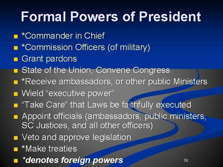 Formal Powers of President n n n *Commander in Chief *Commission Officers (of military) Formal Powers of President n n n *Commander in Chief *Commission Officers (of military)