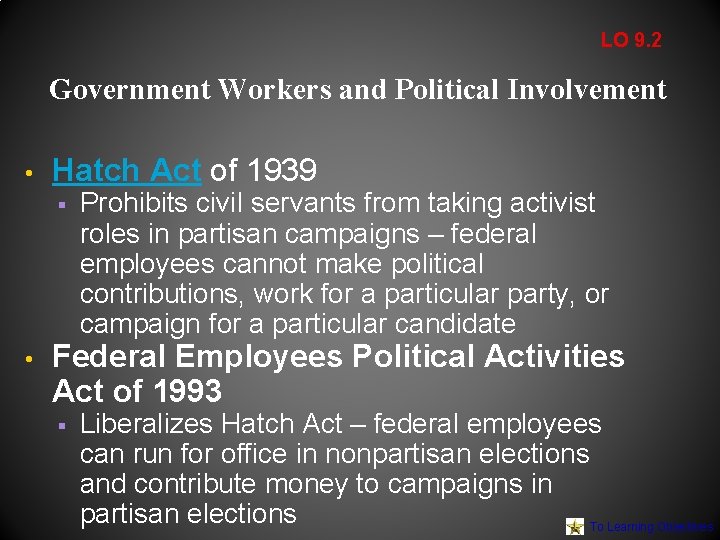 LO 9. 2 Government Workers and Political Involvement • Hatch Act of 1939 § LO 9. 2 Government Workers and Political Involvement • Hatch Act of 1939 §