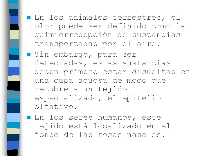 n n n En los animales terrestres, el olor puede ser definido como la