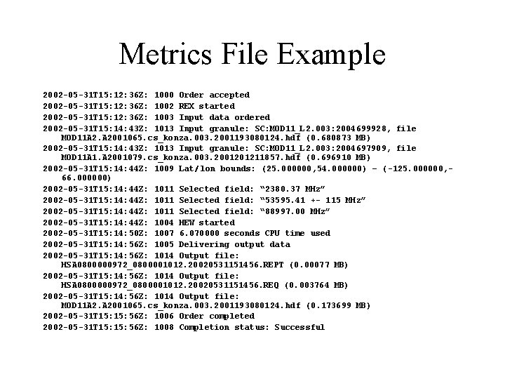 Metrics File Example 2002 -05 -31 T 15: 12: 36 Z: 1000 Order accepted