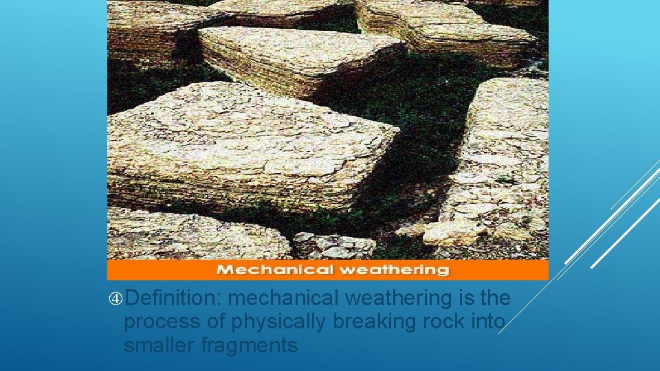 WEATHERING Definition: weathering is the process by which rocks are chemically altered or physically