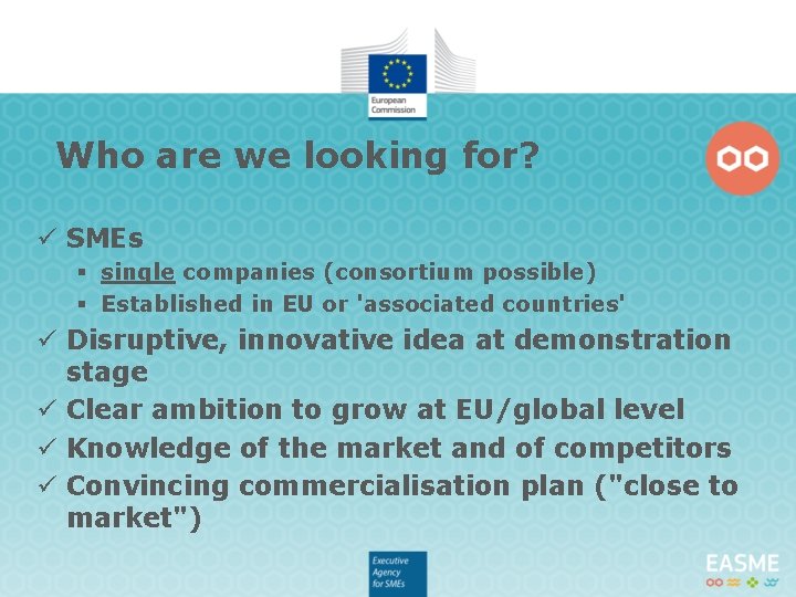 Who are we looking for? ü SMEs § single companies (consortium possible) § Established