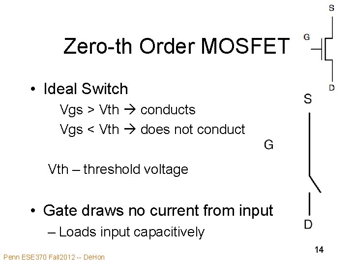 Zero-th Order MOSFET • Ideal Switch Vgs > Vth conducts Vgs < Vth does