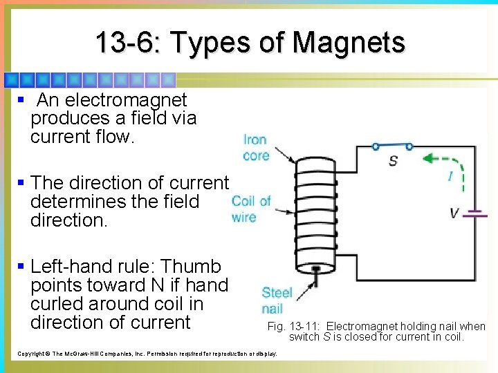 13 -6: Types of Magnets § An electromagnet produces a field via current flow.