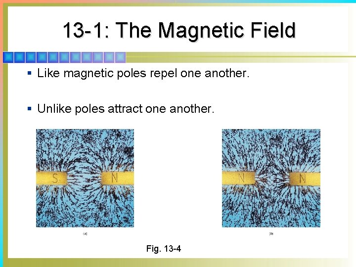 13 -1: The Magnetic Field § Like magnetic poles repel one another. § Unlike