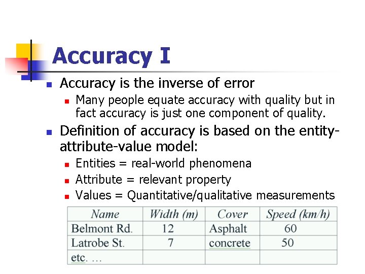 Accuracy I n Accuracy is the inverse of error n n Many people equate