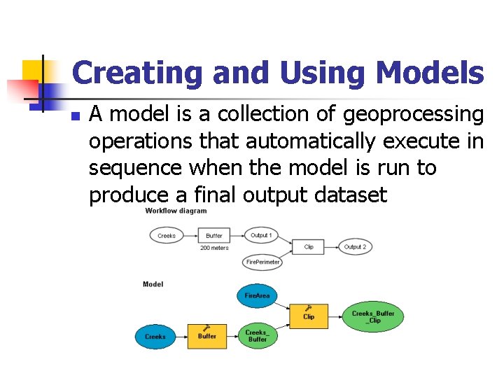 Creating and Using Models n A model is a collection of geoprocessing operations that