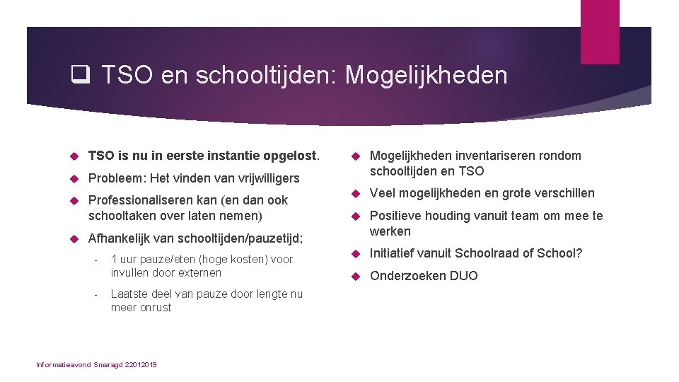 q TSO en schooltijden: Mogelijkheden TSO is nu in eerste instantie opgelost. Probleem: Het