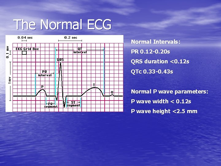 The Normal ECG Normal Intervals: PR 0. 12 -0. 20 s QRS duration <0.