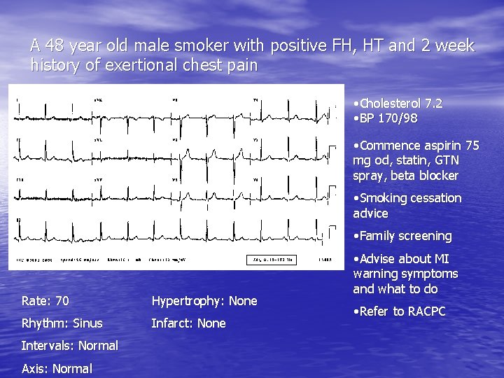 A 48 year old male smoker with positive FH, HT and 2 week history