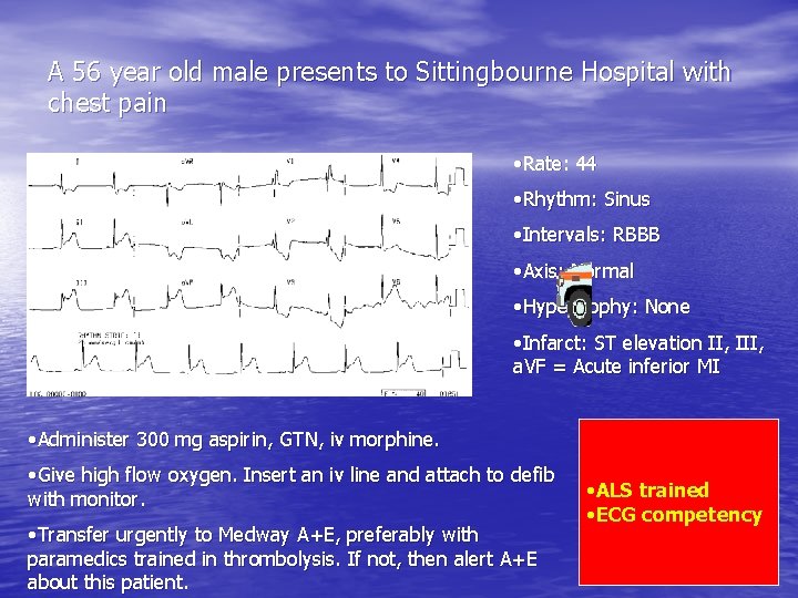 A 56 year old male presents to Sittingbourne Hospital with chest pain • Rate: