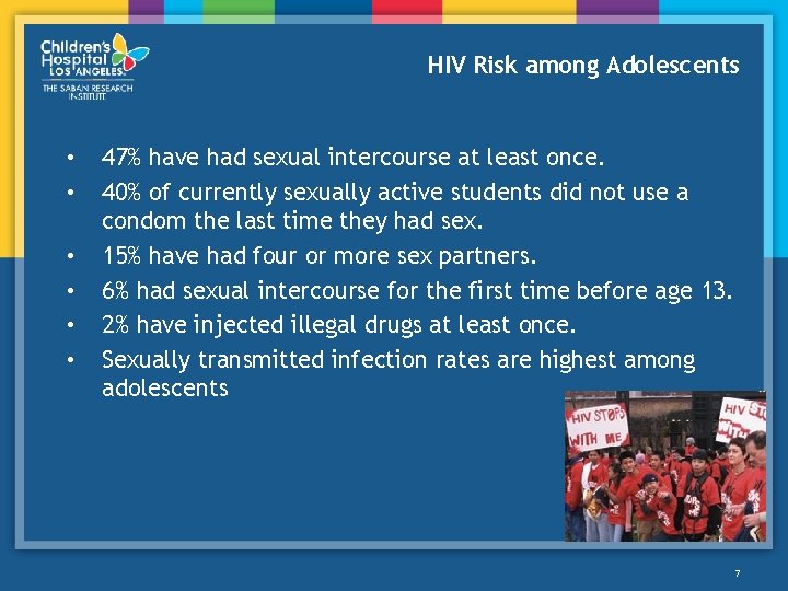 HIV Risk among Adolescents • • • 47% have had sexual intercourse at least