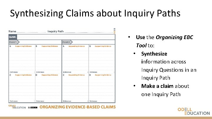 Synthesizing Claims about Inquiry Paths • Use the Organizing EBC Tool to: • Synthesize