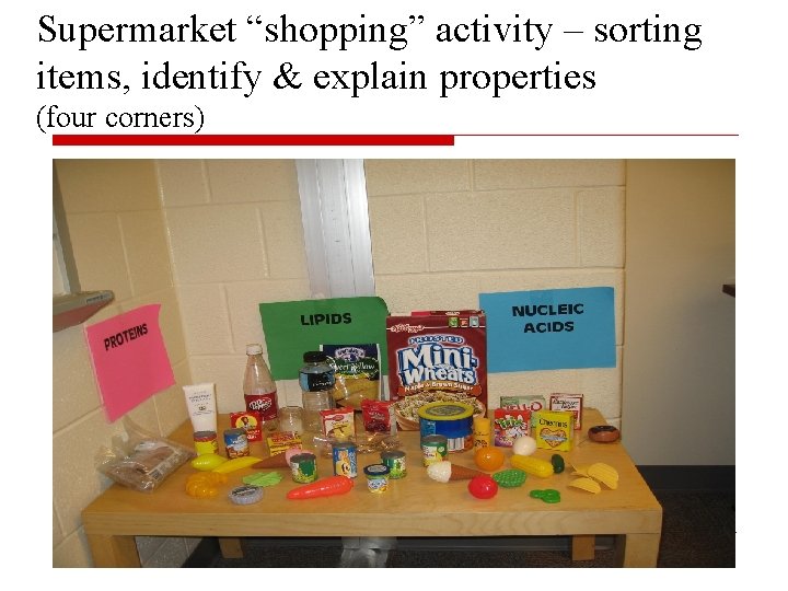 Supermarket “shopping” activity – sorting items, identify & explain properties (four corners) 